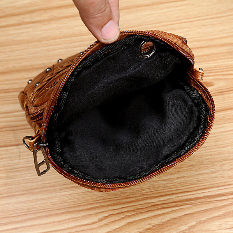 Lady Rivet Coin Purse Mobile Phone Bag Lady Shoulder Messenger Bag Washed Leather Soft Leather Bag